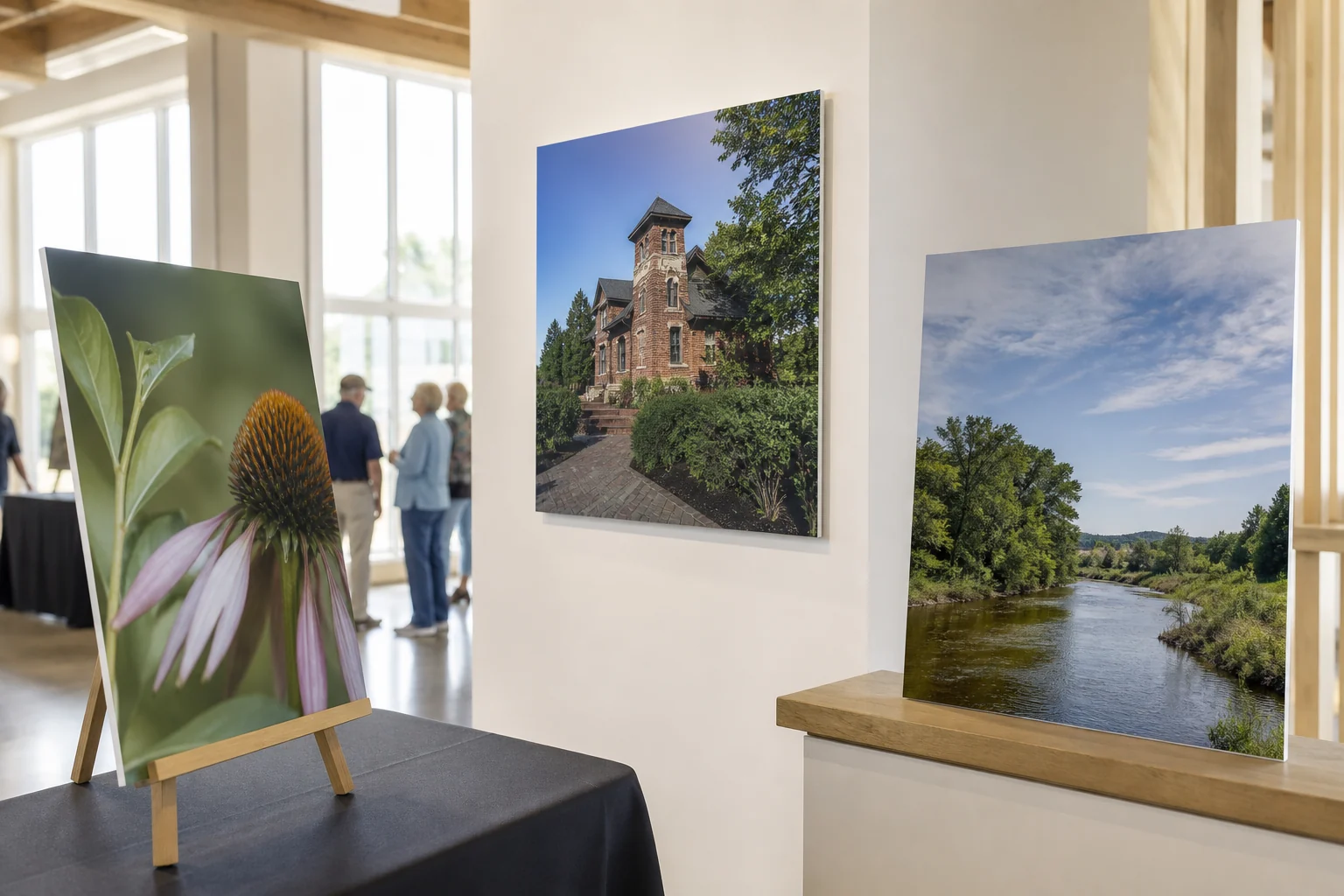 Три фотопанели на пенокартоне размещены на мольберте, стене и стойке в выставочном помещении; для заказа в Серпухове