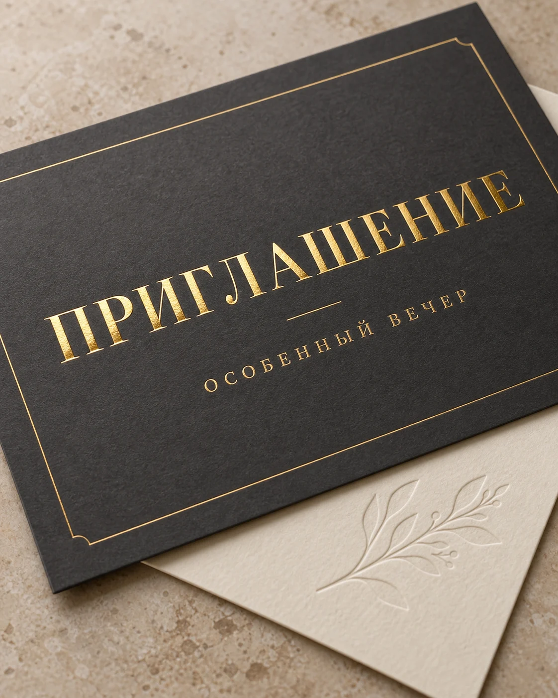 ПЕЧАТЬ32: Тиснение и фольгирование — фотография в каталоге услуг, кадр 5; Золотая надпись на тёмном приглашении и рельефный узор на, получение в Серпухове, страница «Послепечатная обработка»