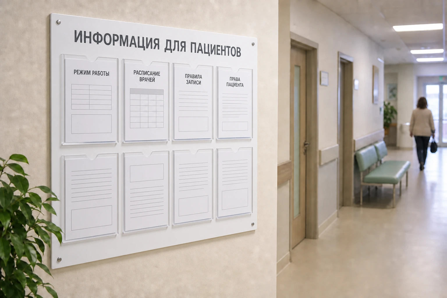 Стенд «Информация для пациентов» с расписанием и памятками в коридоре клиники; для заказа в Серпухове
