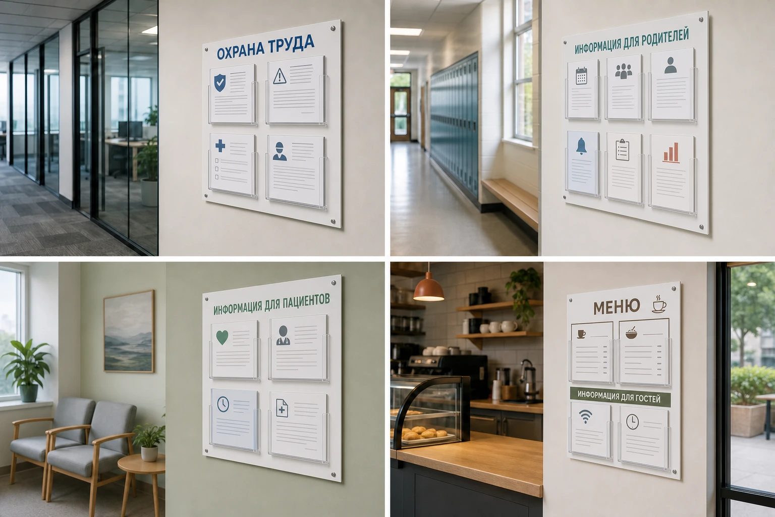 Стенды «Охрана труда», «Информация для родителей», «Информация для пациентов» и «Меню»; для заказа в Серпухове