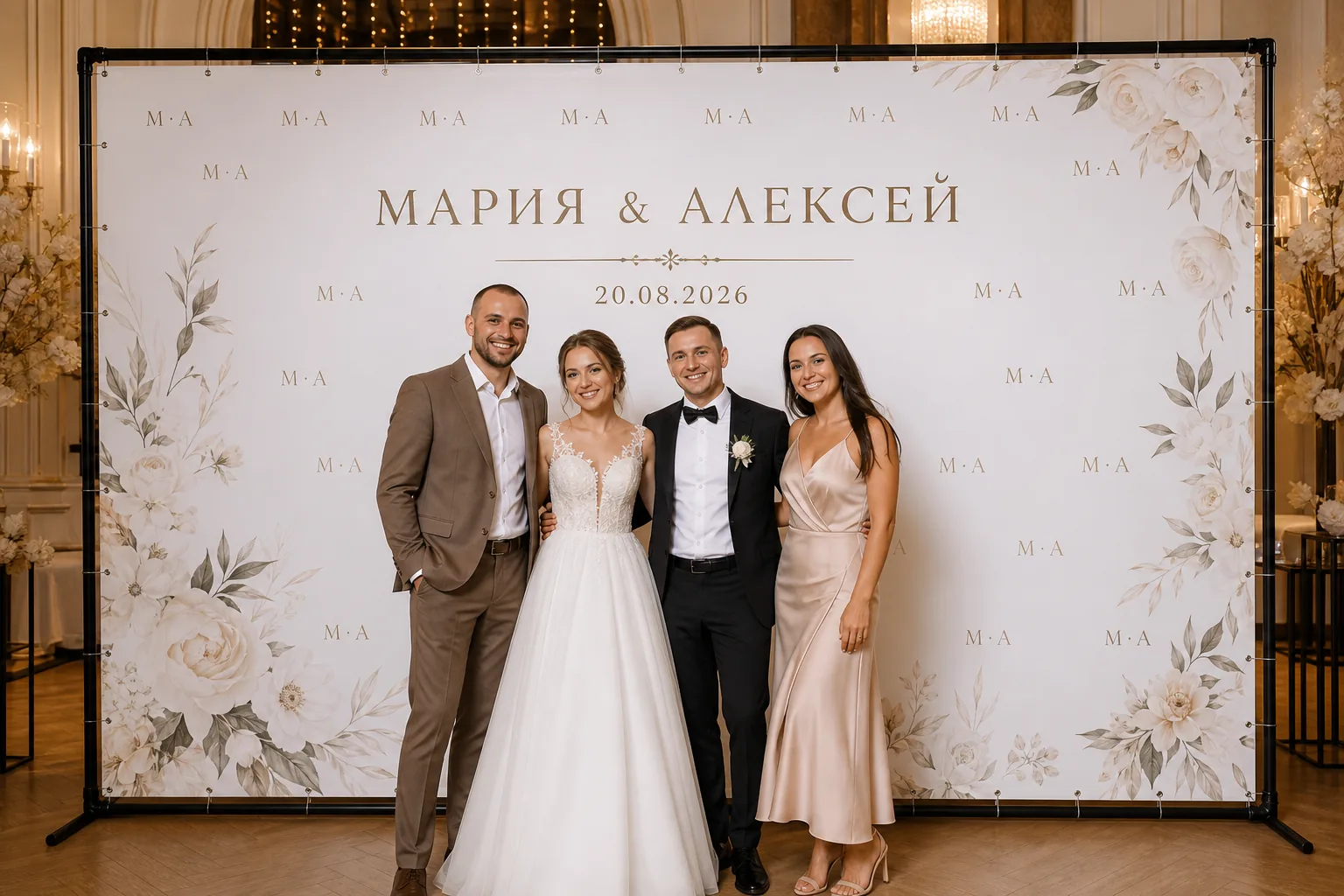 Гости у прямоугольного свадебного Press Wall; для заказа в Серпухове