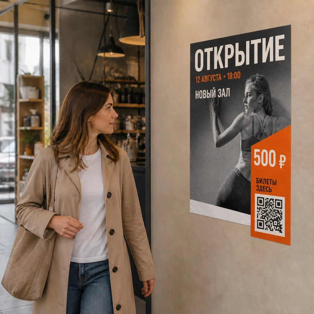 Прохожая замечает бумажный плакат с событием, датой, ценой и QR-кодом; для заказа в Серпухове