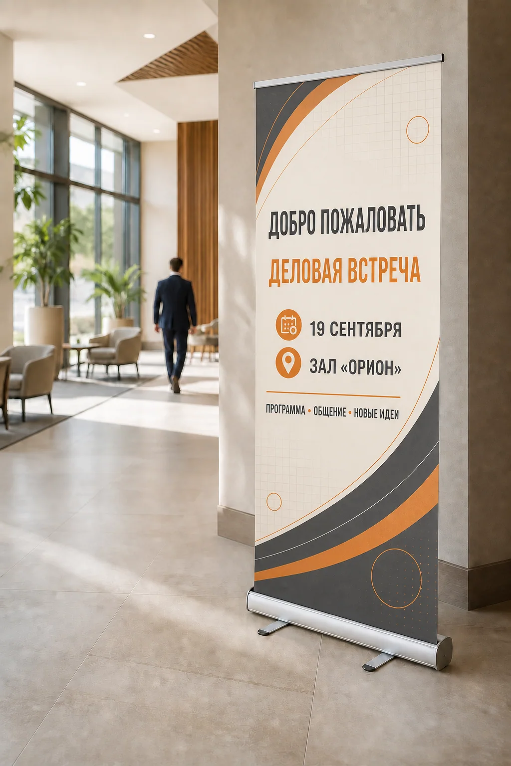 Заказать roll-up стенды: Roll-up с насыщенным русским макетом в лобби делового центра; образец смежной услуги, кадр 1, получение в Серпухове, «Штендеры»