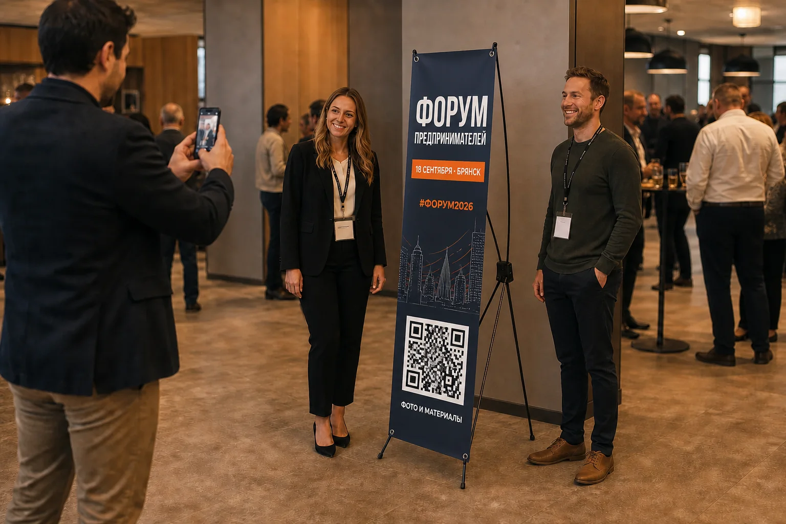 Участники фотографируются рядом со стендом паук с названием, датой и QR-кодом форума; для заказа в Серпухове