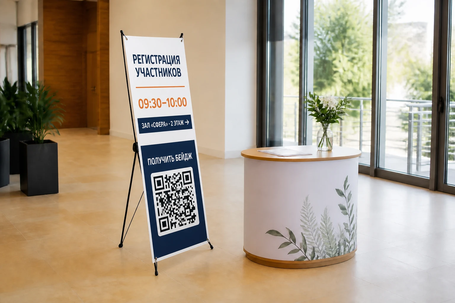 Стенд паук с информацией о регистрации участников и QR-кодом у стойки организаторов; для заказа в Серпухове