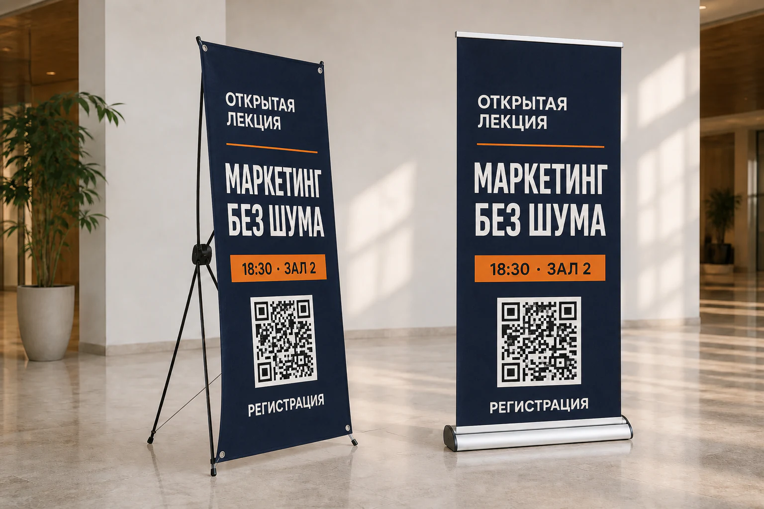 Стенд паук и Roll-up с одинаковым макетом делового мероприятия; для заказа в Серпухове