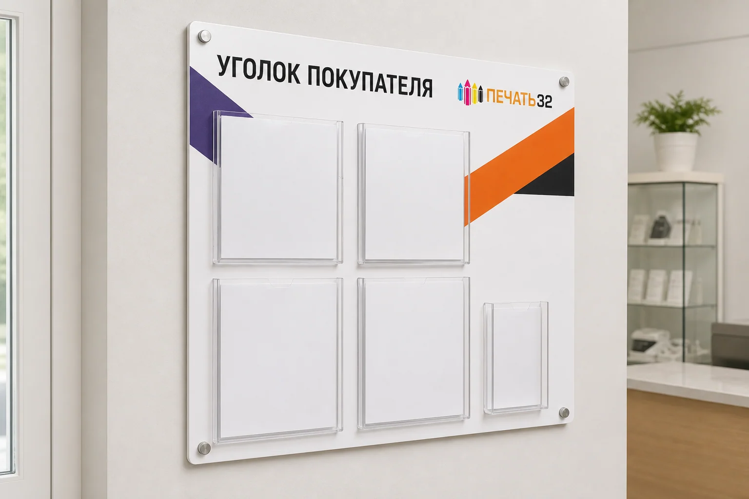 Уголок покупателя из ПВХ с прозрачными карманами; для заказа в Серпухове