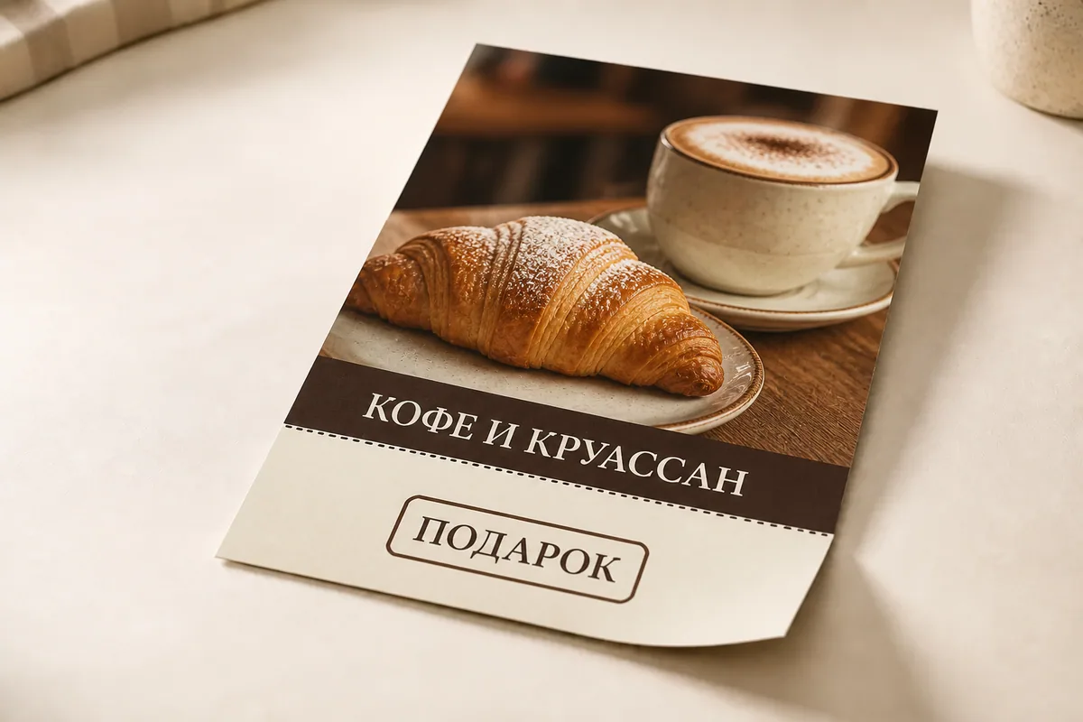 Листовка кафе формата A5 с профессиональной перфорацией и отрывным купоном; для заказа в Серпухове