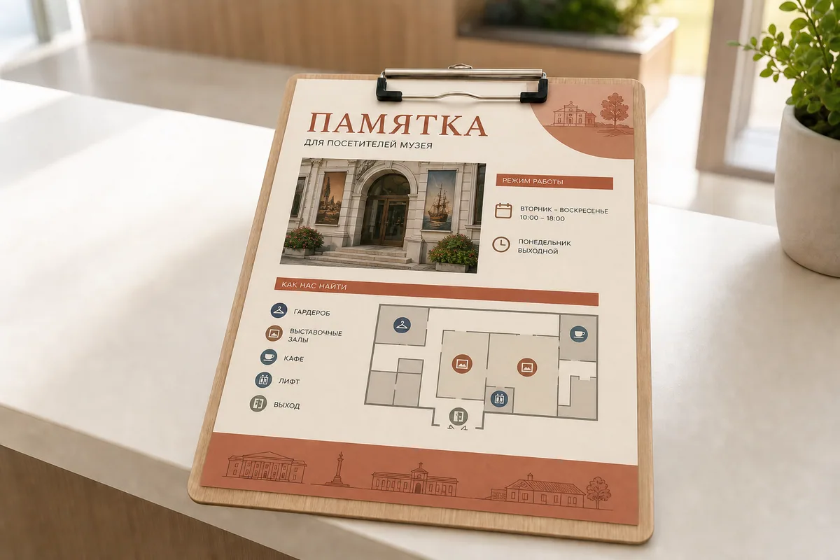Памятка для посетителей музея формата A4 со схемой и режимом работы; для заказа в Серпухове