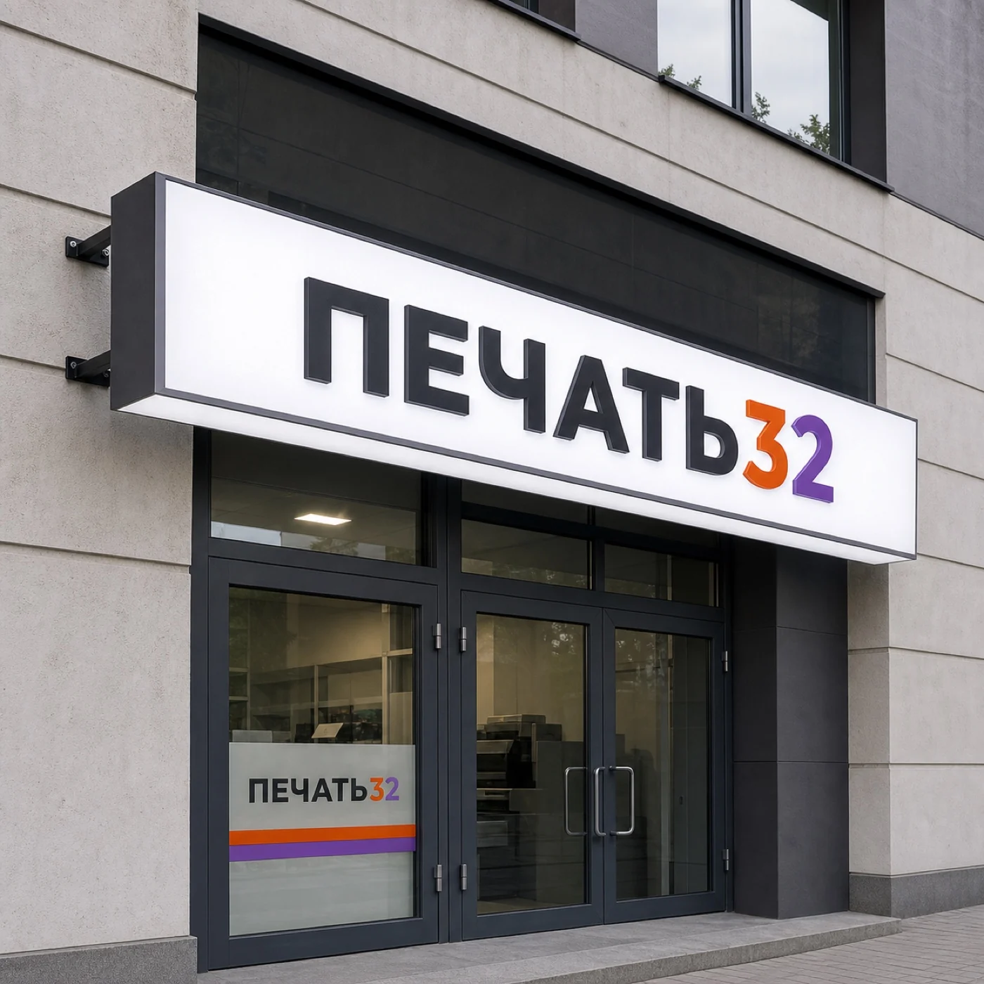 ПЕЧАТЬ32 — Вывески; Фирменная плоская фасадная вывеска без подсветки, главный образец продукции, получение в Серпухове, «Изготовление несветовых вывесок»